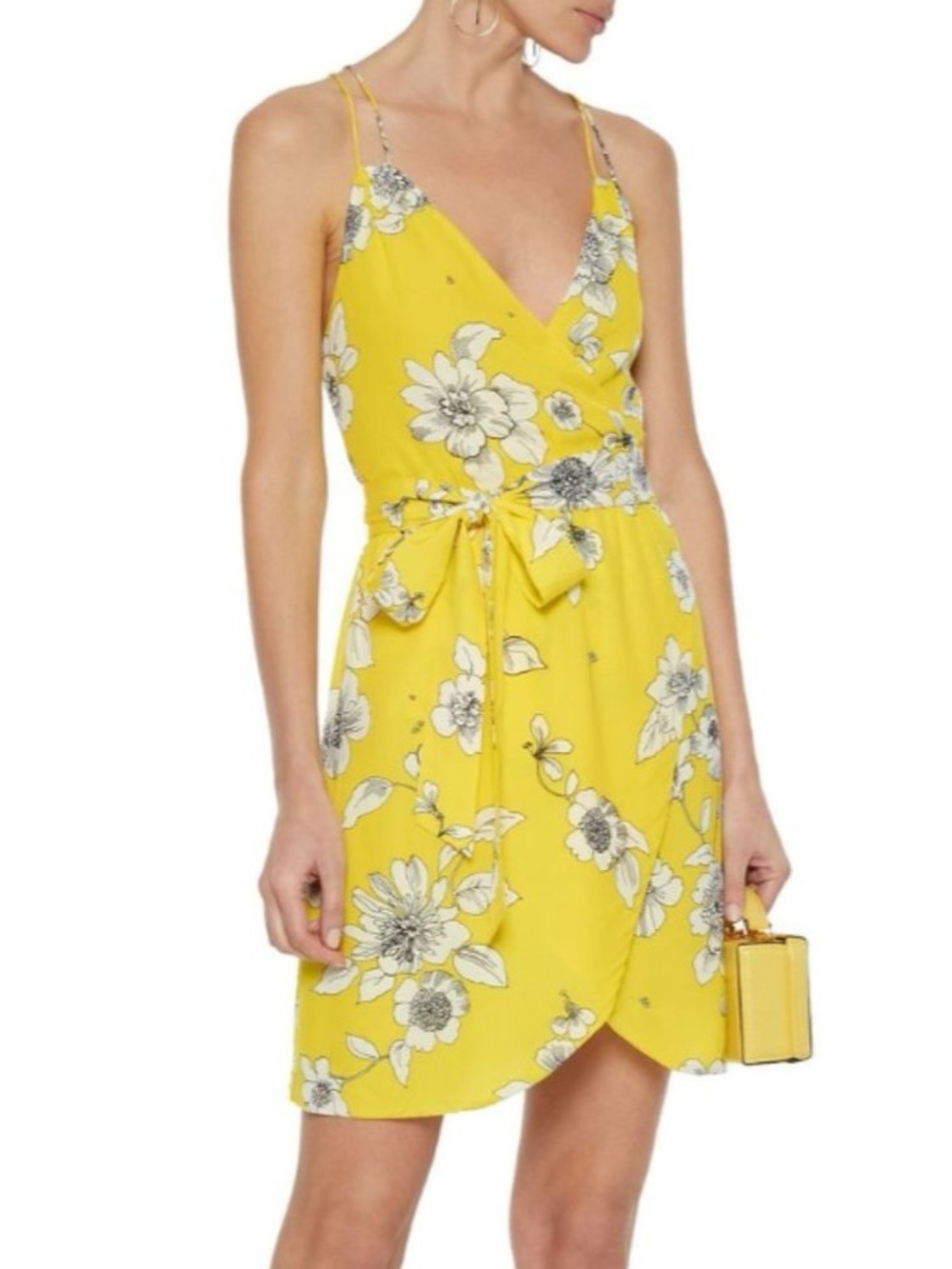 Alice + Olivia Yellow Floral Strappy Wrap Mini Dress Open Back Size 0